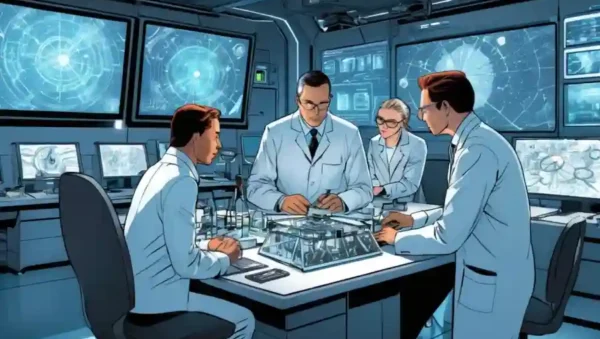 Un grupo de científicos trabajando juntos frente a equipos y pantallas futuristas.
