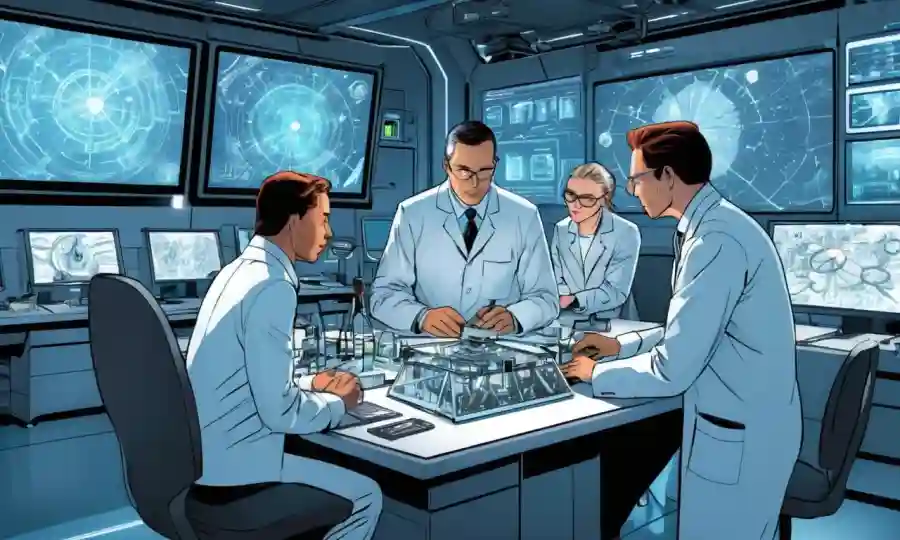 Un grupo de científicos trabajando juntos frente a equipos y pantallas futuristas.