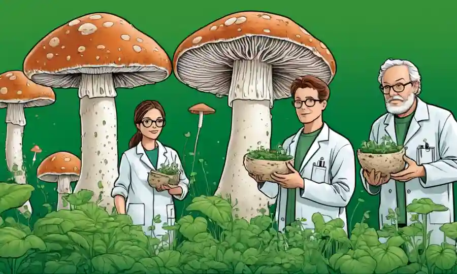 Científicos que poseen materiales sostenibles derivados del micelio de hongos en medio de un fondo verde.