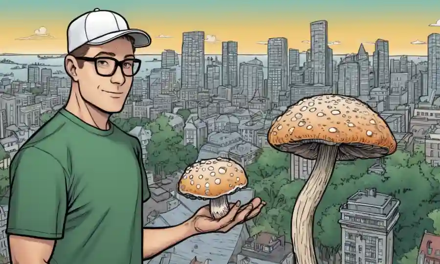 Mycelium expert holding a hongo mycelium structure next to a cityscape.