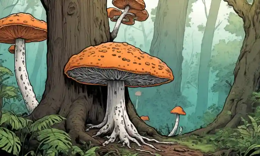 Fungi mycelium crece alrededor de un árbol en un bosque exuberante, enfatizando la importancia ecológica.