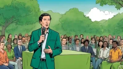 Una persona que habla en una conferencia o evento de sostenibilidad contra un contexto verde o ecológico.