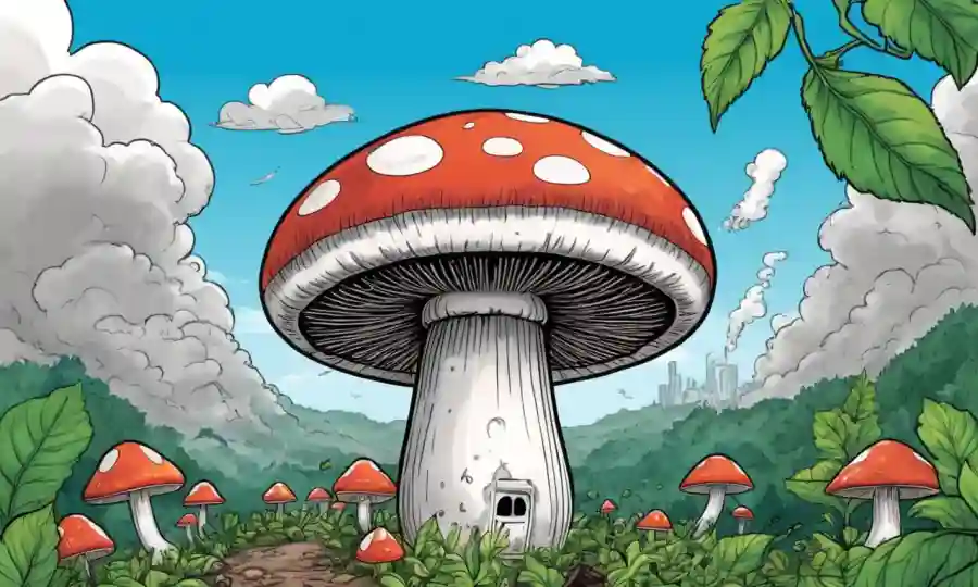 Un hongo (micelio) rodeado de contaminación, con elementos de vegetación y naturaleza, simbolizando su papel en la sostenibilidad ambiental.