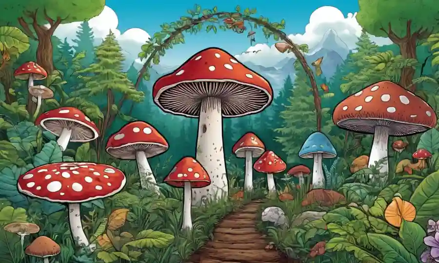 Un hongo creciendo en la naturaleza, rodeado de símbolos de bienestar, representando los beneficios medicinales y de salud de los hongos.