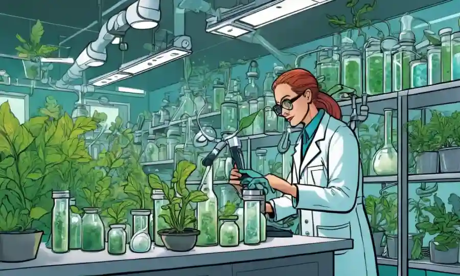 Científicos trabajando en un laboratorio con muestras de plantas y culturas fúngicas.