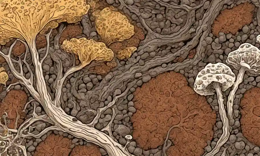 Vista microscópica de micelio y estructuras fúngicas en suelo.