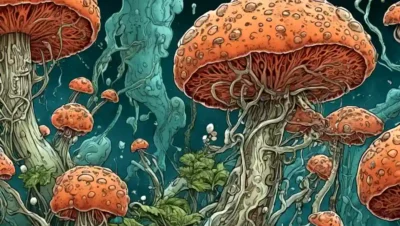 Una imagen de microscopio que muestra hongos o bacterias interactuando con tejidos vegetales.