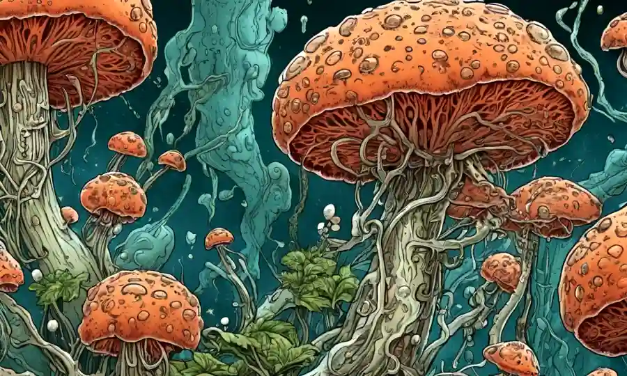 Una imagen de microscopio que muestra hongos o bacterias interactuando con tejidos vegetales.