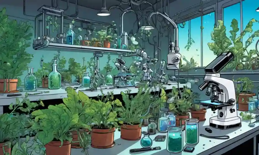 Establecimiento de laboratorio científico con microscopios y plantas, destacando las interacciones microbianas.