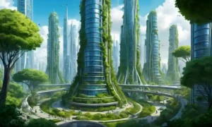 Un futurista paisaje urbano con vegetación e innovaciones ecológicas.