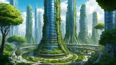 Un futurista paisaje urbano con vegetación e innovaciones ecológicas.