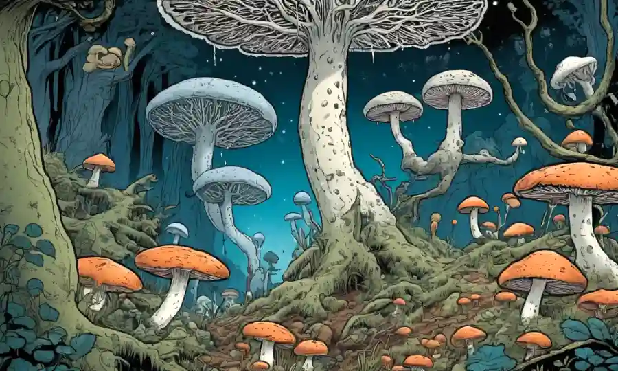 Ilustración del crecimiento de micelio con hongos y organismos involucrados en la cadena alimentaria.