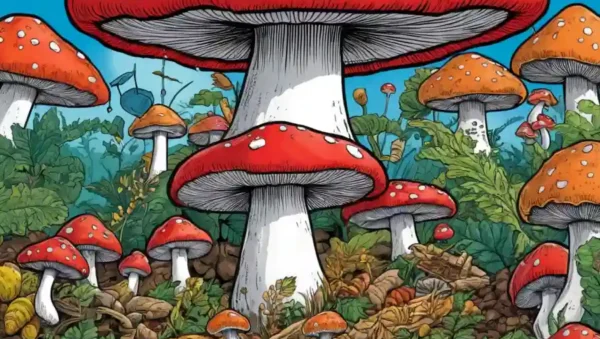 Una gorra de hongos rodeada de ilustraciones de cadenas de alimentos.