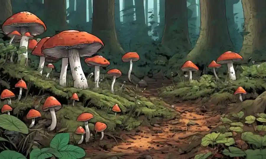 Un grupo de hongos creciendo en un suelo forestal