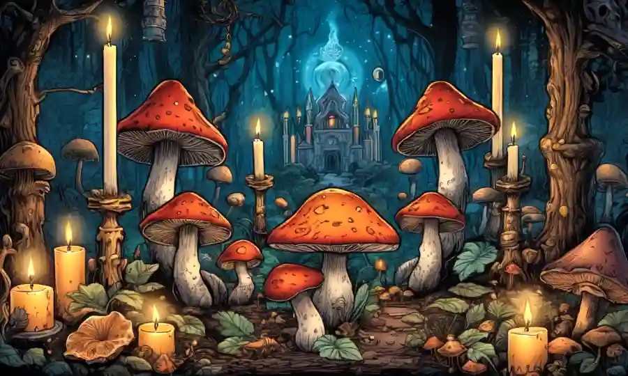 Una ilustración mística de varios hongos rodeados de velas y símbolos sagrados.