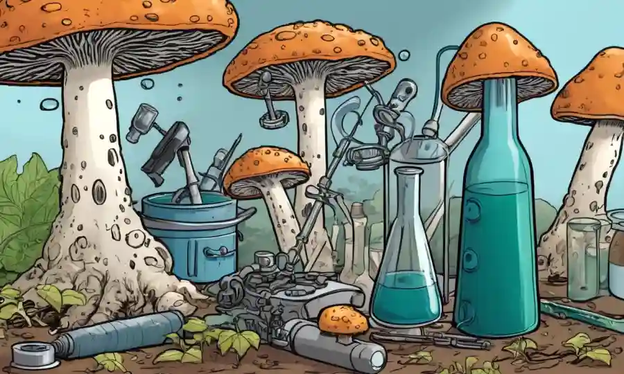 Ilustración de equipos de hongos y laboratorio, representando conceptos de micología aplicados.