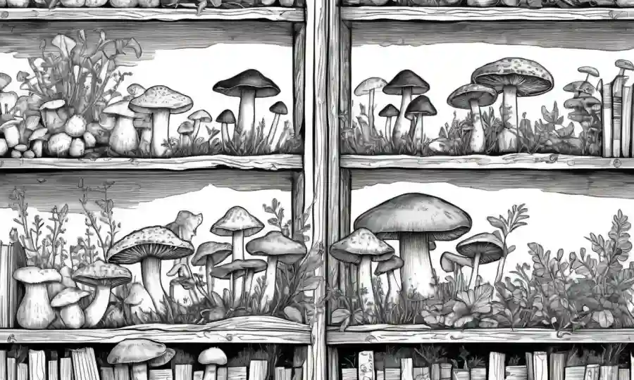 Diversas setas creciendo en medio de diagramas e ilustraciones científicas sobre un fondo de estanterías.