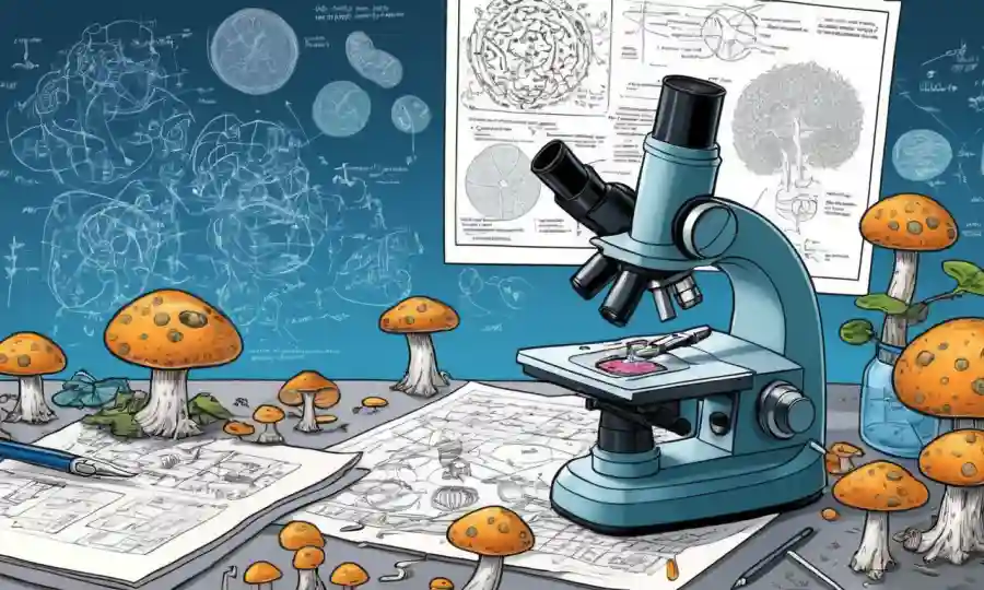 Un microscopio enfocado en muestras de hongos con ecuaciones y diagramas en el fondo.