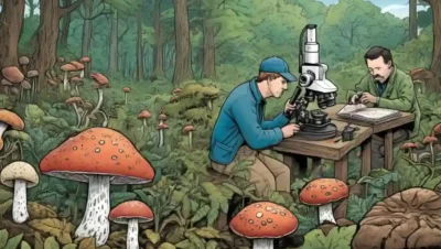 Micólogos que estudian diversos hongos bajo microscopios y en entornos naturales.