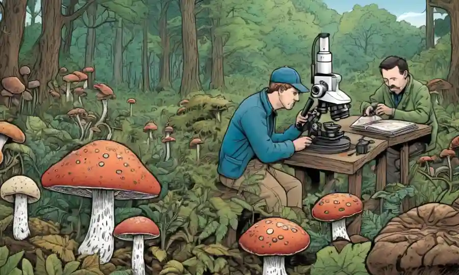 Micólogos que estudian diversos hongos bajo microscopios y en entornos naturales.