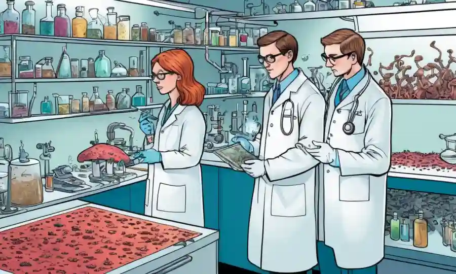 Investigadores científicos que estudian hongos y implicaciones médicas en entornos de laboratorio.