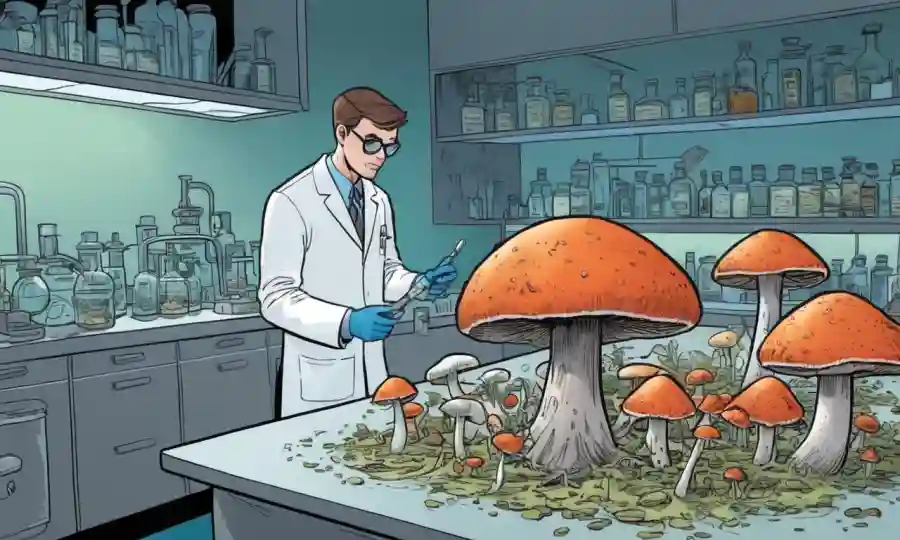 Un investigador que examina hongos raros en un laboratorio.
