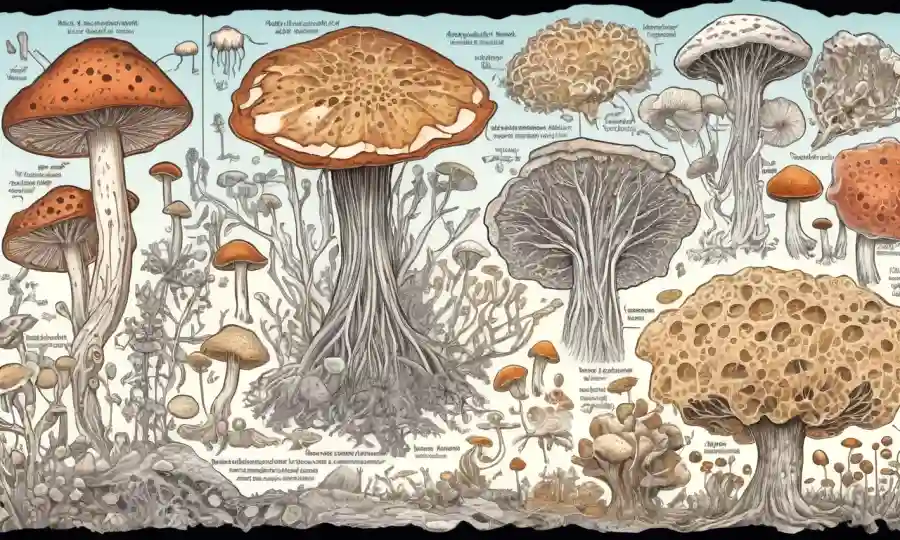 Una imagen de microscopía de varias estructuras y diagramas de hongos en un texto de fondo sobre principios de micología.