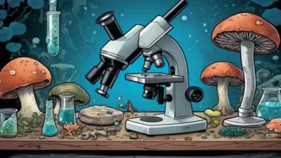 Un microscopio y varias especies de hongos en una mesa de laboratorio.