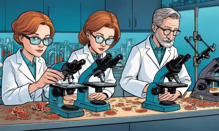 Científicos que estudian hongos bajo microscopios para el análisis forense en un laboratorio.
