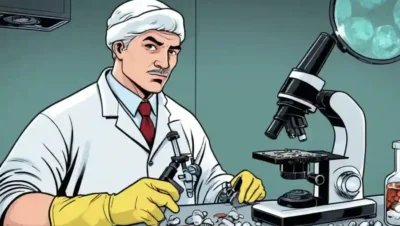 Un científico forense que sostiene una muestra de hongos junto a un microscopio o marcadores de evidencia.