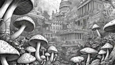 Presentaciones artísticas de hongos entre obras históricas e ilustraciones científicas.