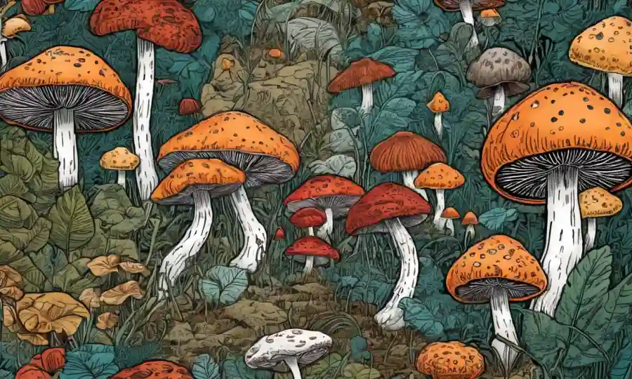 Setas ilustraciones mezclando la antigua micología con conceptos de arte modernos.