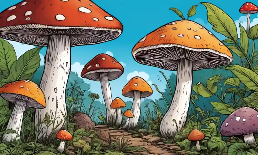 Una ilustración diversa de hongos en diversos ecosistemas.
