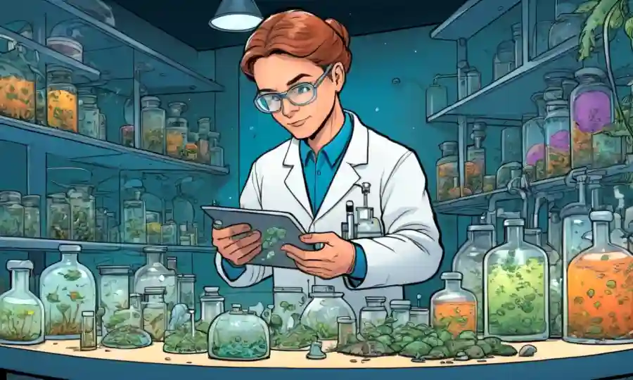 Microbiólogo examinando muestras de hongos en un laboratorio con ilustraciones de ecosistemas que rodean.
