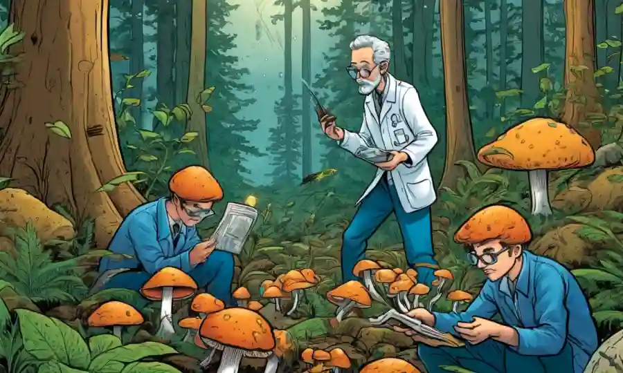 Científicos que examinan hongos en los ecosistemas forestales, con conceptos ecológicos y de conservación en el fondo.