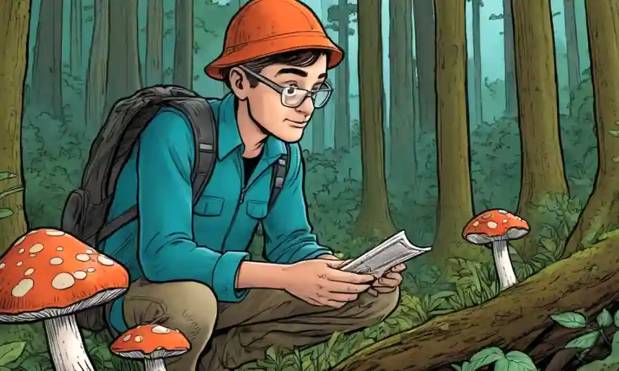 Investigador de setas examinando una muestra fúngica en un sitio forestal sostenible.