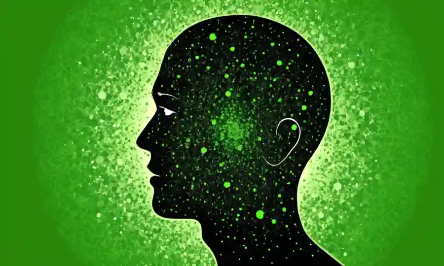 Silhouette de la tierra o una persona con un fondo verde con partículas microscópicas.