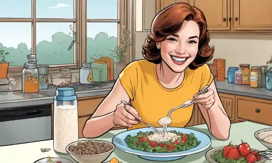 Mujer sonriendo mientras disfruta de una comida nutritiva que contiene polvo de microproteína en su mesa de cocina.