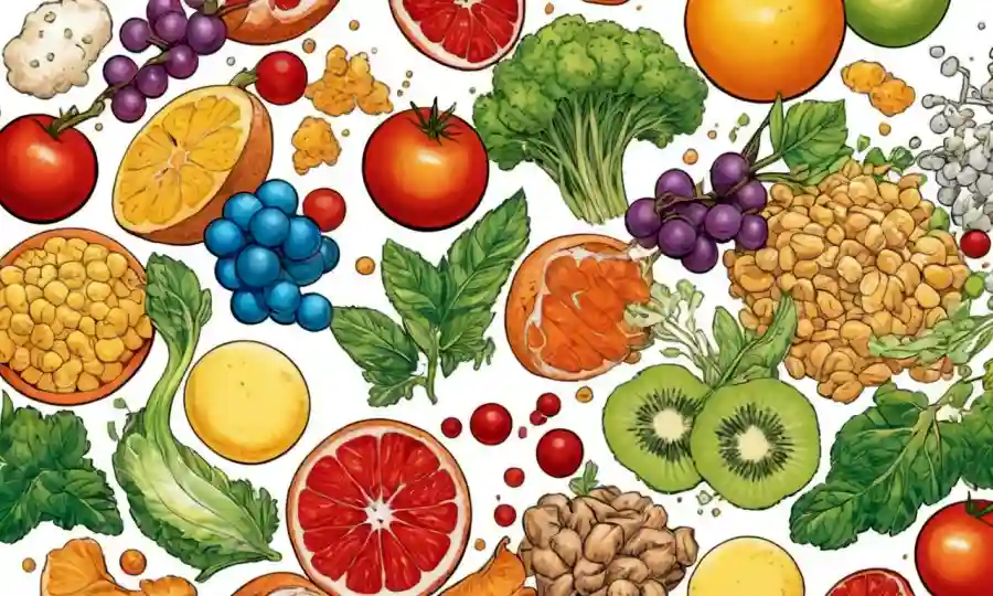 Una imagen de micrografo de moléculas de proteínas rodeada de elementos alimenticios saludables en un fondo blanco.