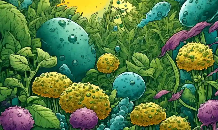 Microbios microscópicos rodeados de crecimiento vegetal y suplementos nutricionales, destacando beneficios ecológicos.