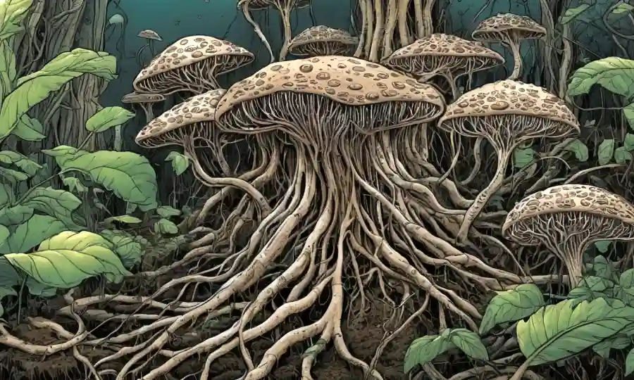 Redes fúngicas que conectan las raíces vegetales en una ilustración.