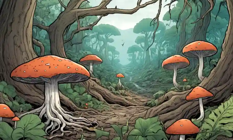 Ilustración mostrando hongos que conectan las raíces de las plantas, con un fondo sutil del ecosistema.