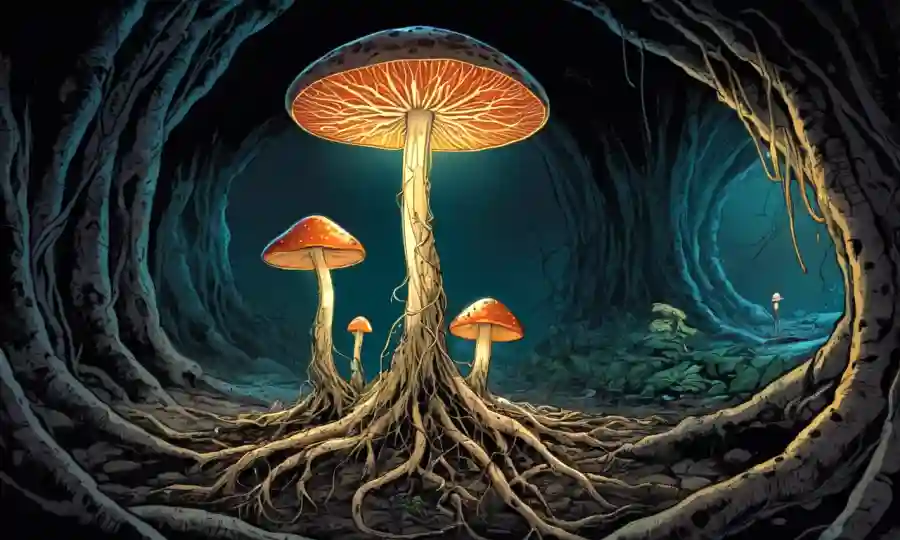 hongos iluminados que conectan raíces de plantas en una red subterránea.