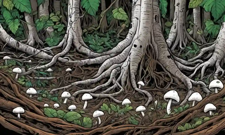 La ilustración de la red de hongos entre las raíces vegetales, destacando las relaciones simbióticas.