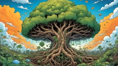 Ilustración que combina raíces de plantas
