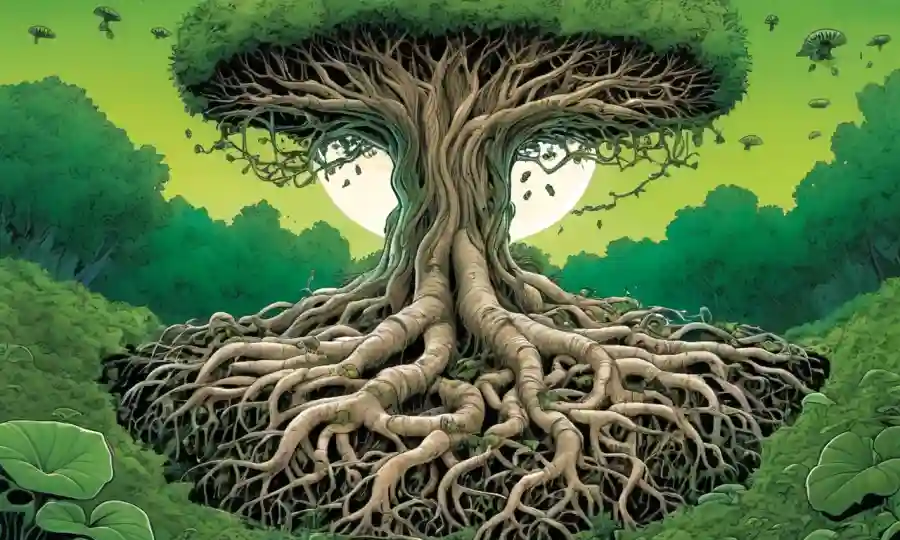 Imagen que muestra raíces entrelazadas con hongos, rodeadas de un fondo verde que representa la naturaleza y la sostenibilidad.