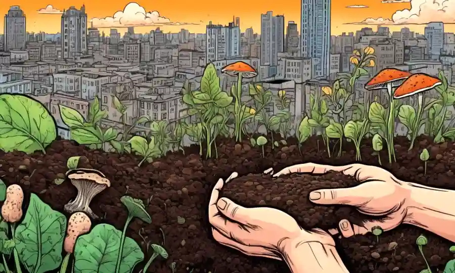 Las manos de los agricultores sostienen suelo con el crecimiento de hongos rodeado de paisaje urbano y plantas.