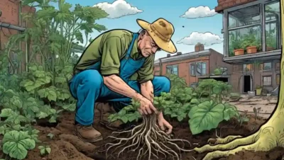 Un agricultor observa crecimiento fúngico sobre las raíces vegetales en un entorno de jardín urbano.