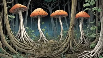 Ilustración de raíces hongos que conectan tallos de plantas