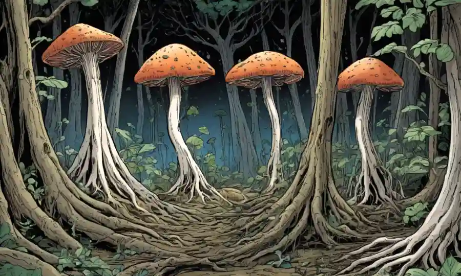 Ilustración de raíces hongos que conectan tallos de plantas